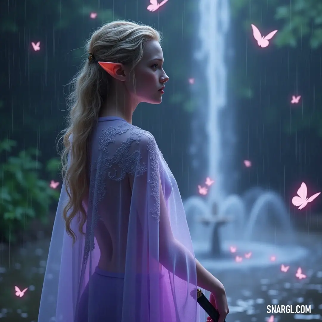 A graceful figure draped in a stunning purple dress stands elegantly before a majestic waterfall, surrounded by a flurry of butterflies and the serene beauty of a fountain, creating an enchanting scene.
