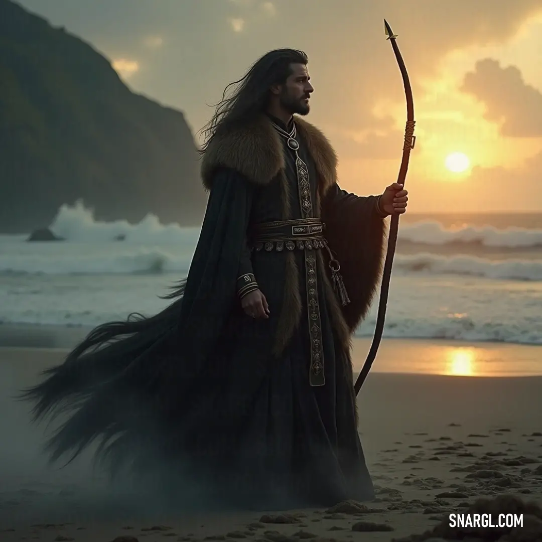 A mysterious figure dressed in long black stands along a sun-kissed beach, the setting sun casting vibrant hues across the sky and reflecting off the distant mountain, creating an unforgettable ambiance. An enigmatic figure donned in an elegant long black dress stands at the edge of a beach at sunset, where the fiery sky kisses the horizon, and a distant mountain watches over the scene, creating a perfect blend of mystery and beauty.