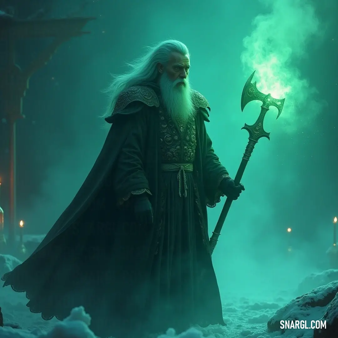 A wise sage with a flowing beard grips a grand green staff, embodying wisdom and strength amidst a serene, snowy landscape that shimmers under winter's embrace. An ancient sage with a long, flowing white beard clutches a majestic green staff, standing tall amidst a snowy landscape that sparkles in the cold sunlight, exuding wisdom and power as he connects with the tranquil beauty of winter.