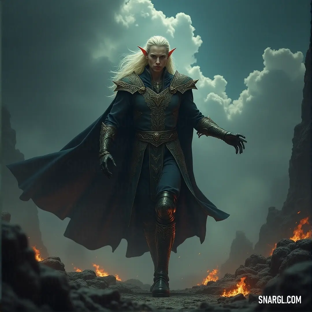 A character dressed as Fingolfin stands confidently in a rugged, rocky landscape, arms wide as if embracing the wild surroundings. The natural terrain around him seems alive, with jagged rocks and distant skies adding to the dramatic scene.