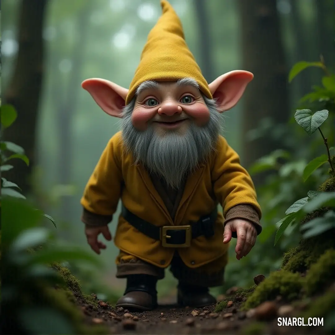 A little Finnan with a yellow jacket and a beard, exploring the green depths of the forest, blending with the natural beauty around him. A small, adventurous Finnan with a yellow jacket and a scruffy beard, walking through the dense woods. The vibrant green backdrop of the forest gives a sense of peace and serenity.
