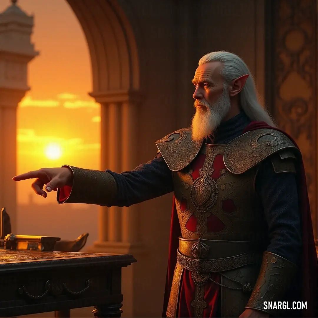 Finrod Felagund, wearing a medieval-style outfit, points at a chessboard with precise intent. The warm light of sunset bathes the scene, highlighting his thoughtful expression as he engages in a game of strategy and intellect.