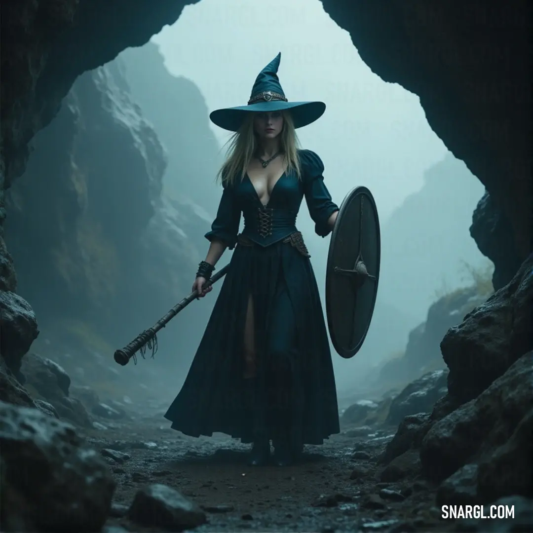 Dressed in a witch costume, a figure stands in a cave, her shield and broom glowing softly in the light that pierces the shadows around her. A figure in a witch costume holds a shield and broom in a dimly lit cave, with a powerful beam of light cutting through the darkness behind her. The mysterious scene hints at ancient magic and hidden secrets within the shadows.