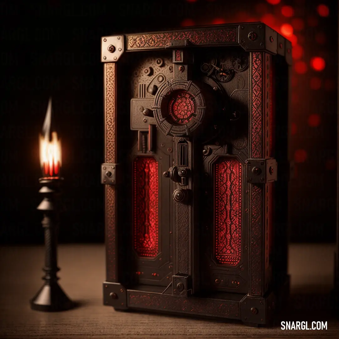 Candle is lit next to a decorative box with a door and a keyhole on it. Example of Fire Brick color.