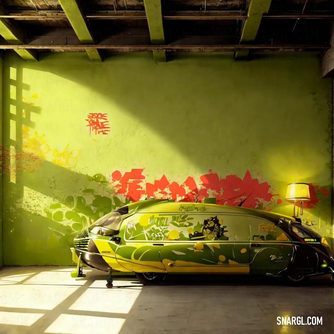 What color is #B22222? Example - Car parked in a garage with a green wall and a yellow lamp on the floor