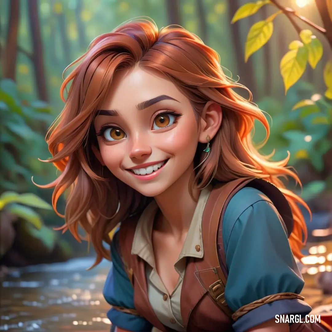 Cartoon character is smiling in the woods with a river in the background