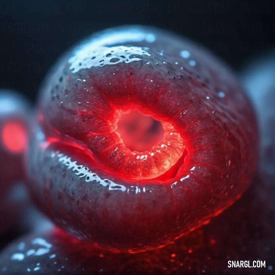 Close up of a red eyeball with water droplets on it's surface and a black background. Color Fire Brick.