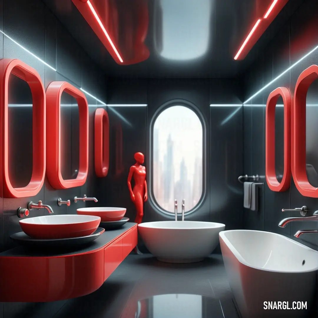 Bathroom with a tub, sink and mirror in it's center area with a red light. Example of CMYK 0,81,81,30 color.