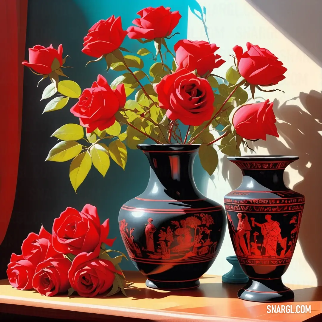 Painting of vases with red roses in them on a table next to a window. Example of RGB 178,34,34 color.