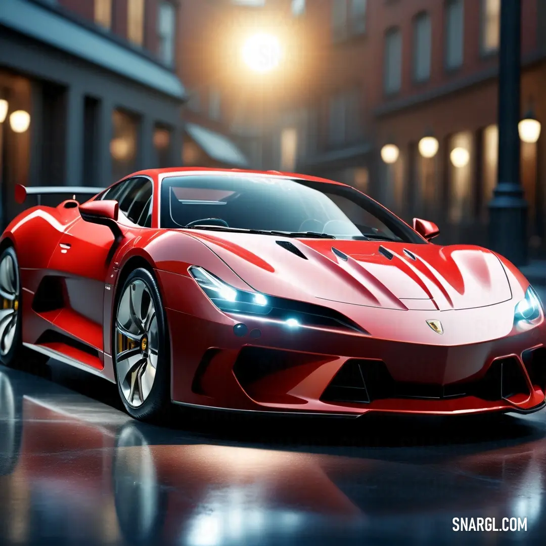 Red sports car parked in a parking lot at night with a street light in the background. Color Fire Brick.