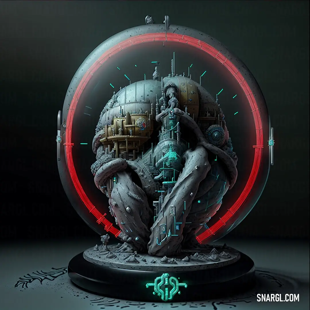 Futuristic looking sculpture of a woman inside a glass ball with a clock on it's face and a red light around the face