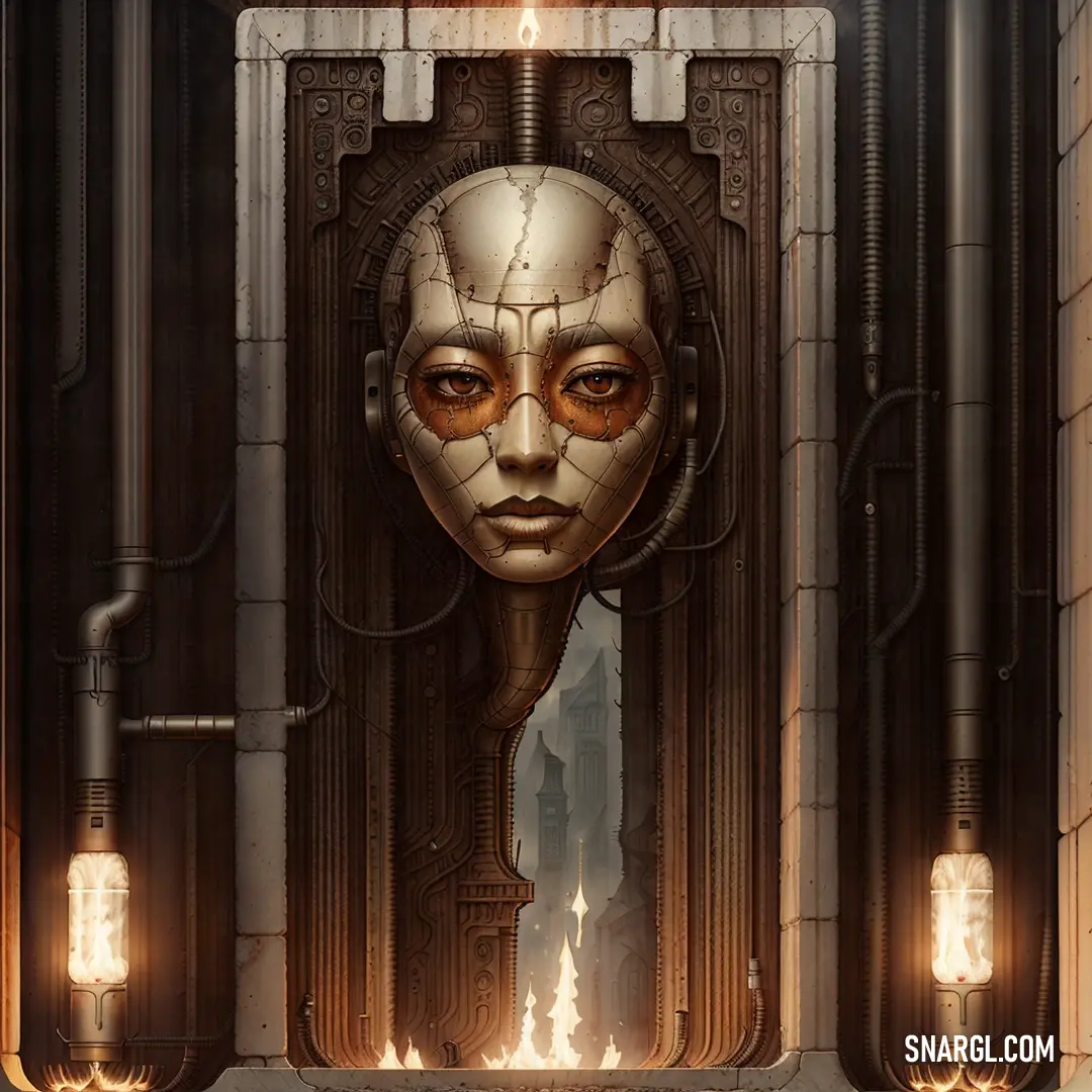 Futuristic woman with a strange face is seen through a door with a light bulb on it's side