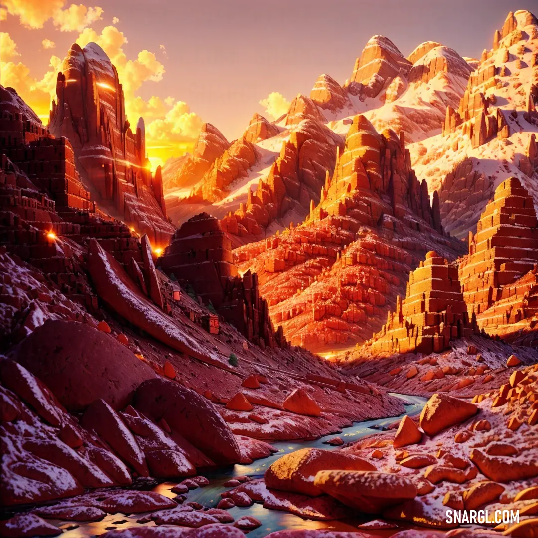 Painting of a mountain range with a river running through it and a sunset in the background with clouds