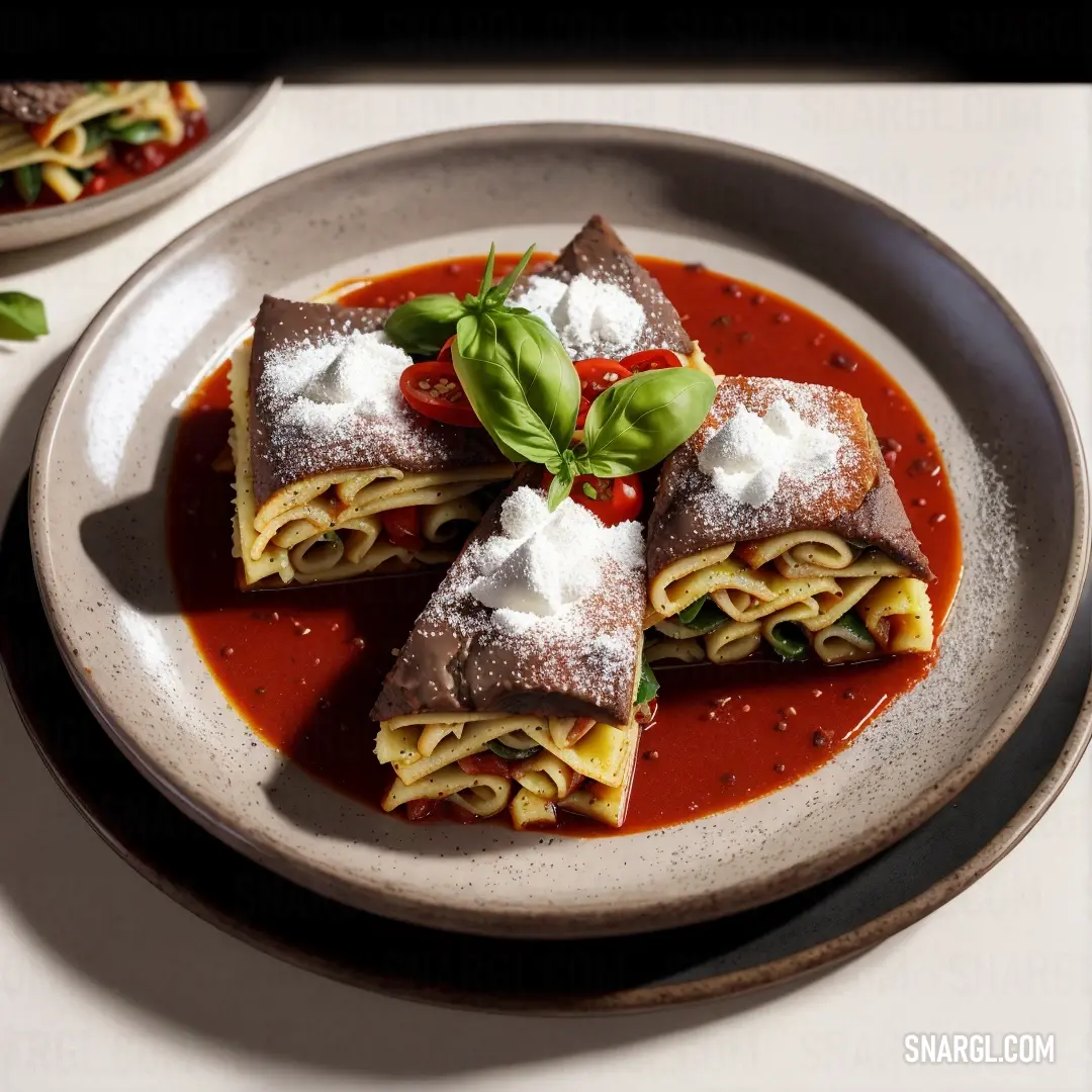 Plate of food with some sauce and some green leaves on top of it and a fork and knife