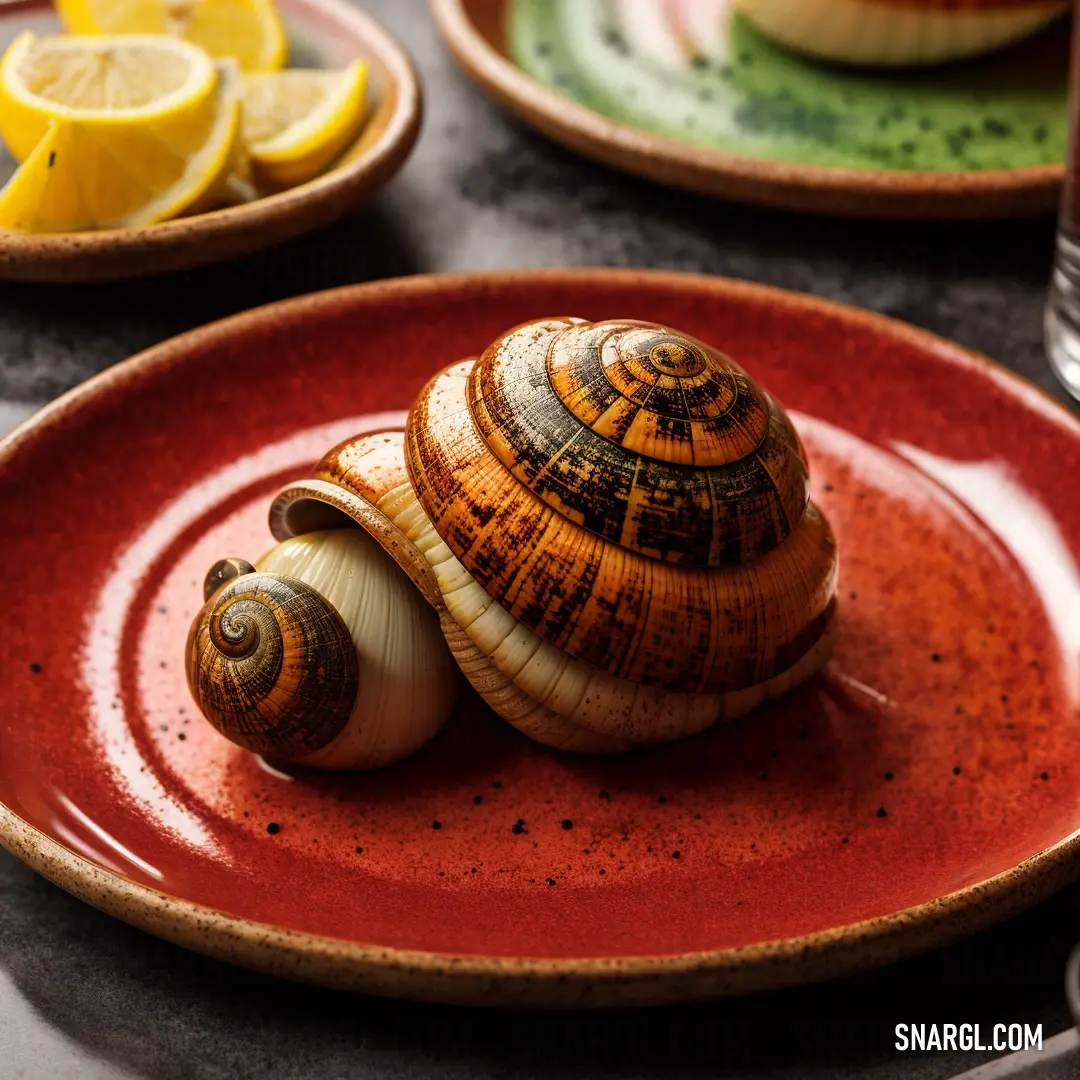 Plate with a snail on it and a lemon slice on the side of it with a glass of water