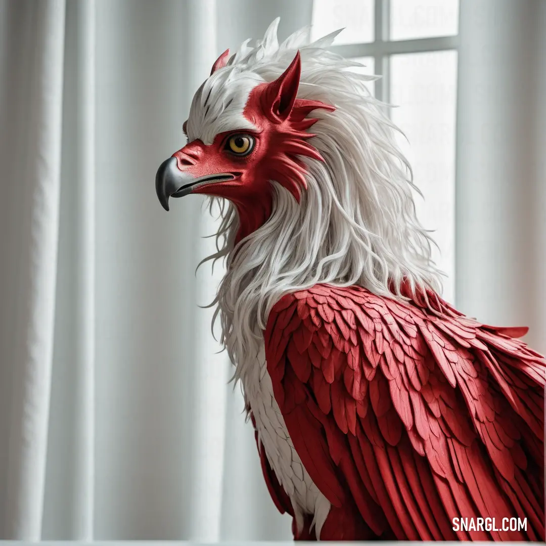 Red and white bird with long white feathers and a red beak is standing in front of a window