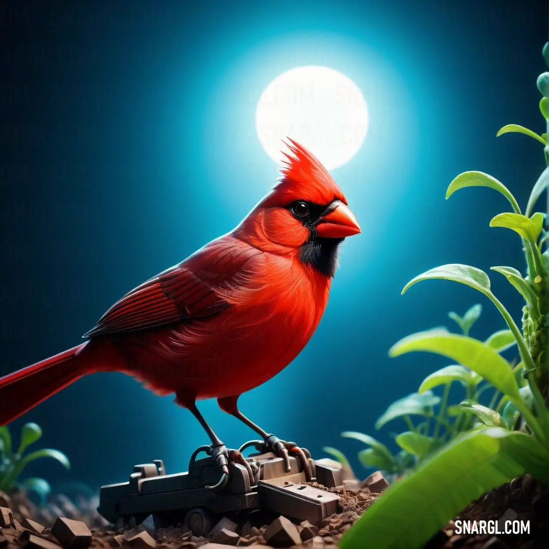 Red bird on top of a piece of wood in the grass under a full moon light with a blue sky. Color Fire Brick.