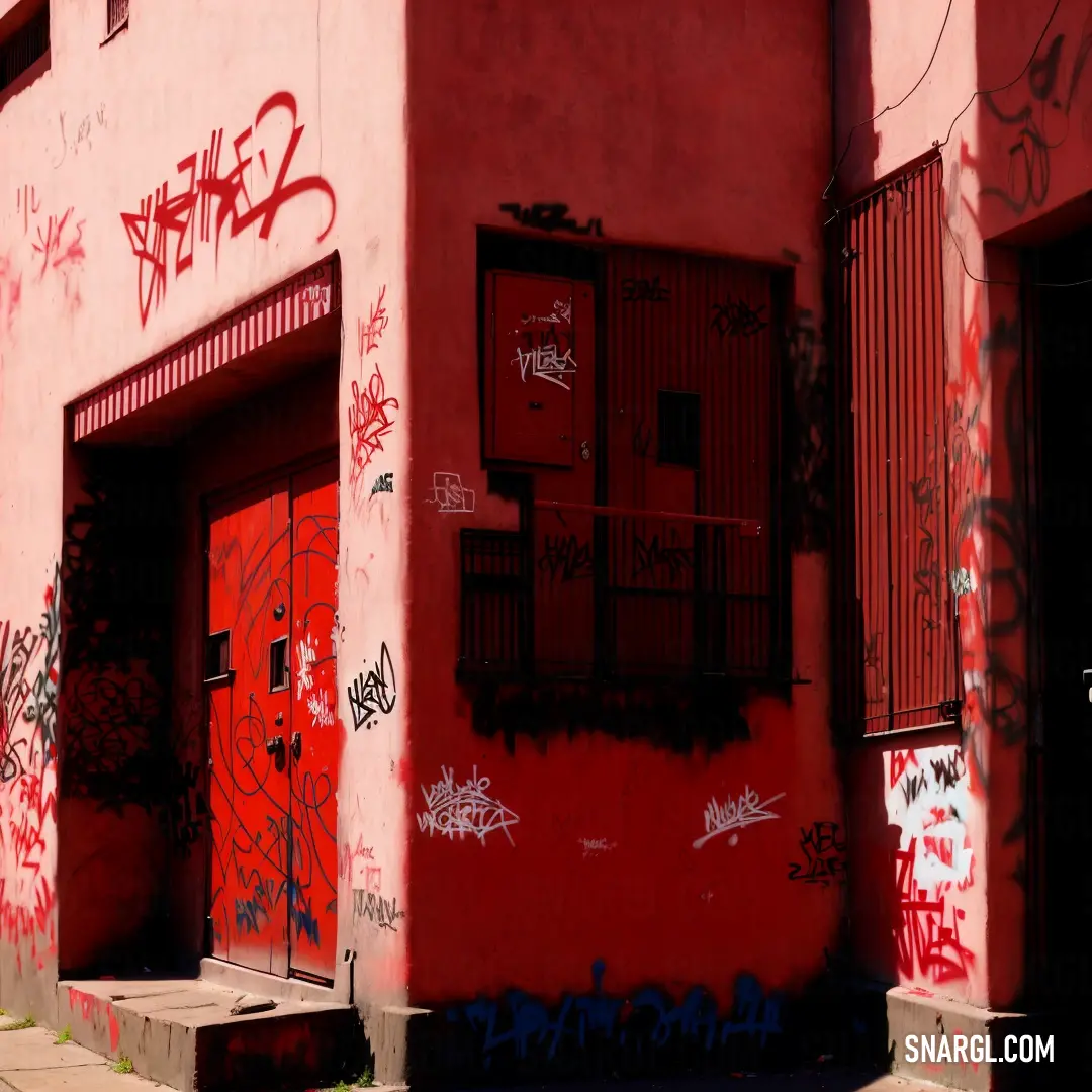 Red building with graffiti on it and a fire hydrant in front of it and a door with a window