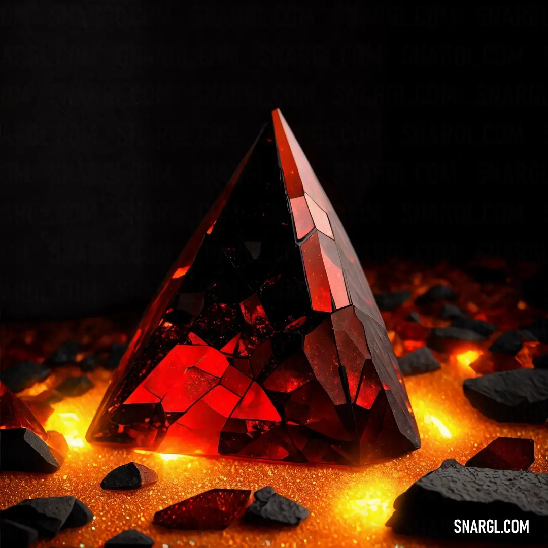 Red diamond surrounded by rocks and lavas on a black background with a red light shining on it