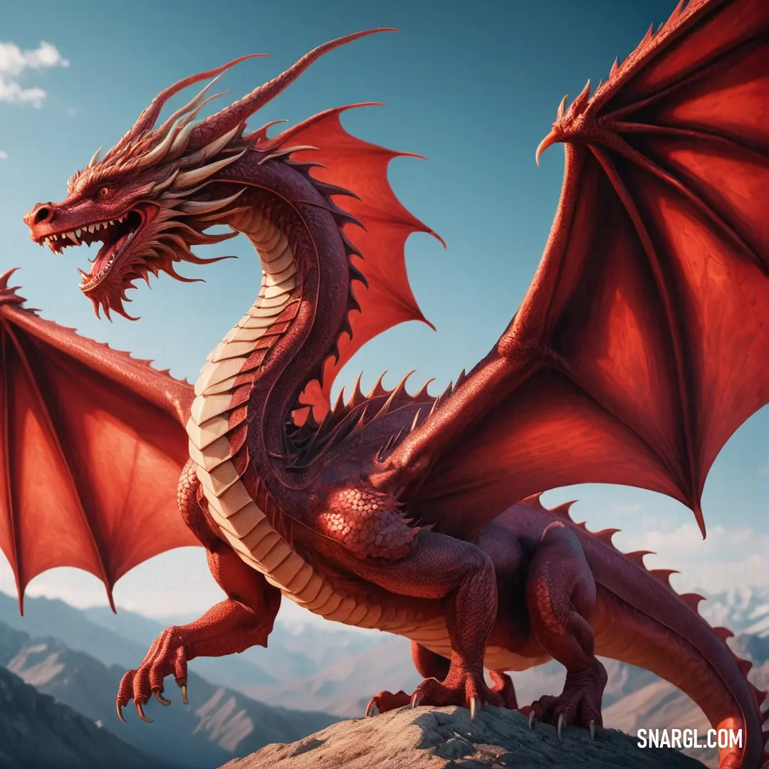 Red dragon on top of a rock in the mountains with its wings spread out and its eyes closed