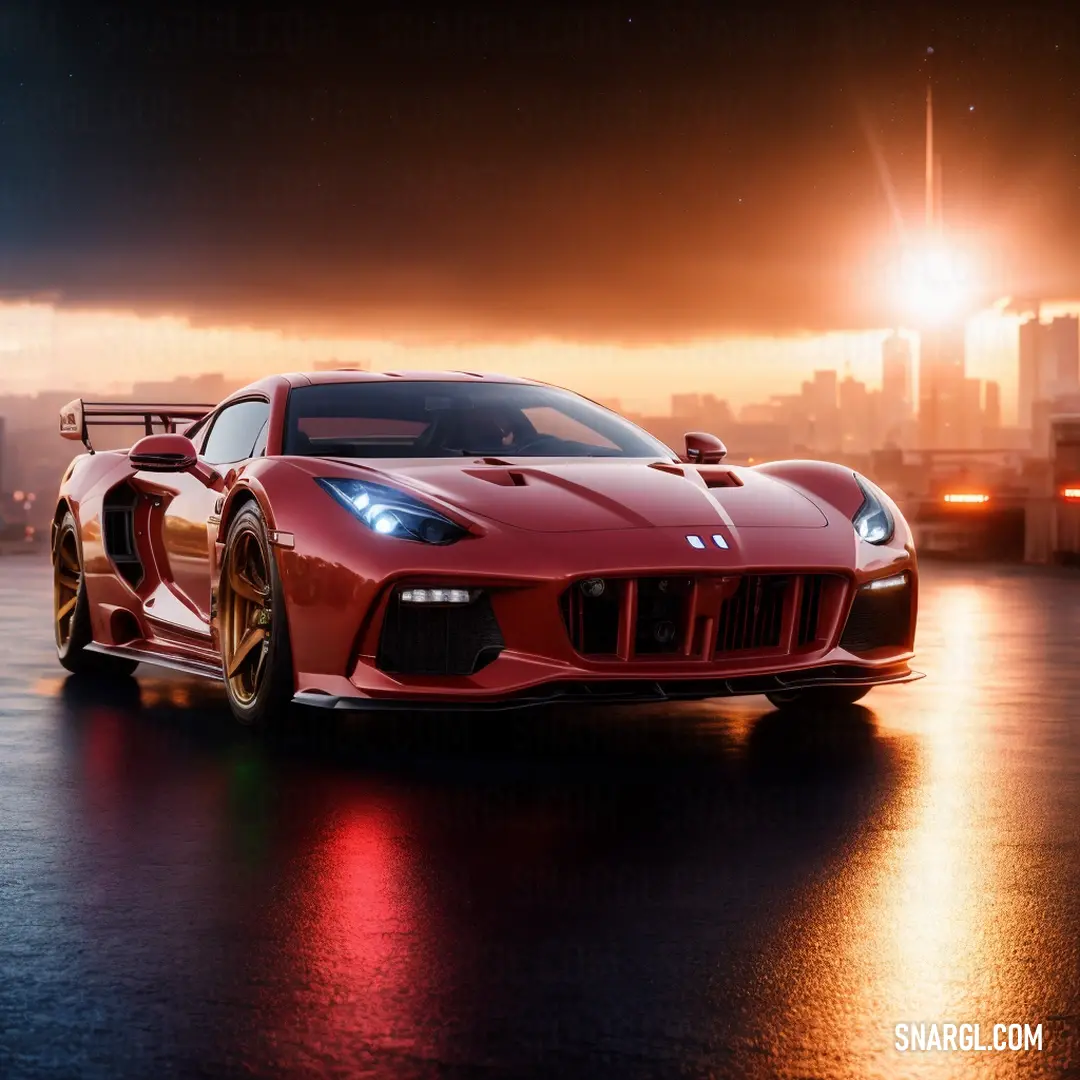 Red sports car parked in a parking lot at night with a city in the background and a bright light shining on the car