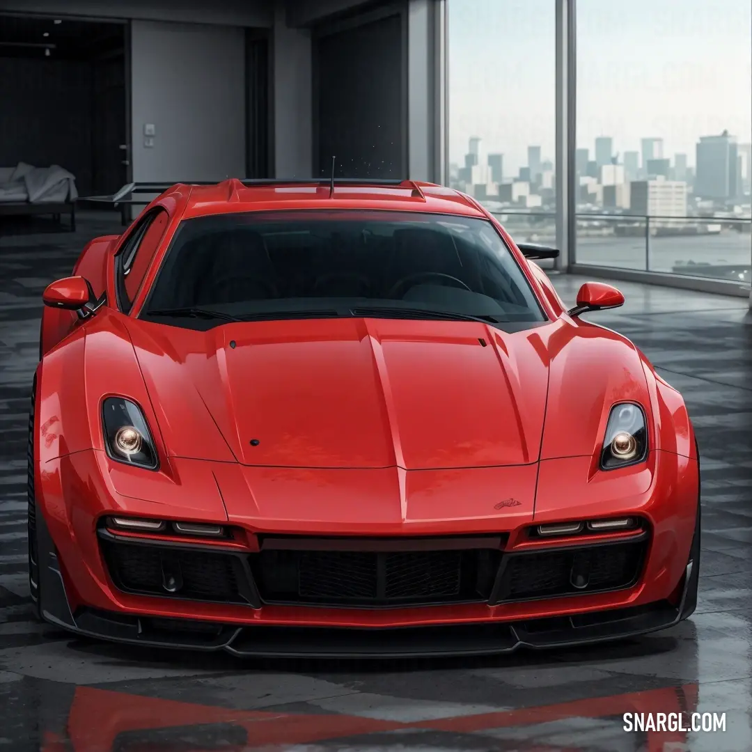 Red sports car parked in a garage with a city view in the background and a reflection of the car