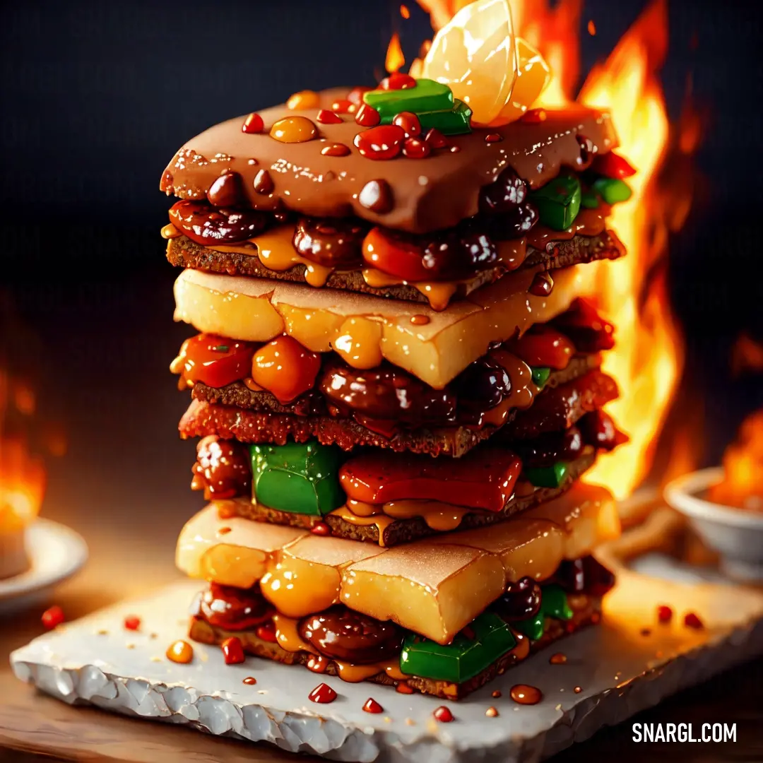 Stack of food on top of a white plate next to a fire pit with a lit candle