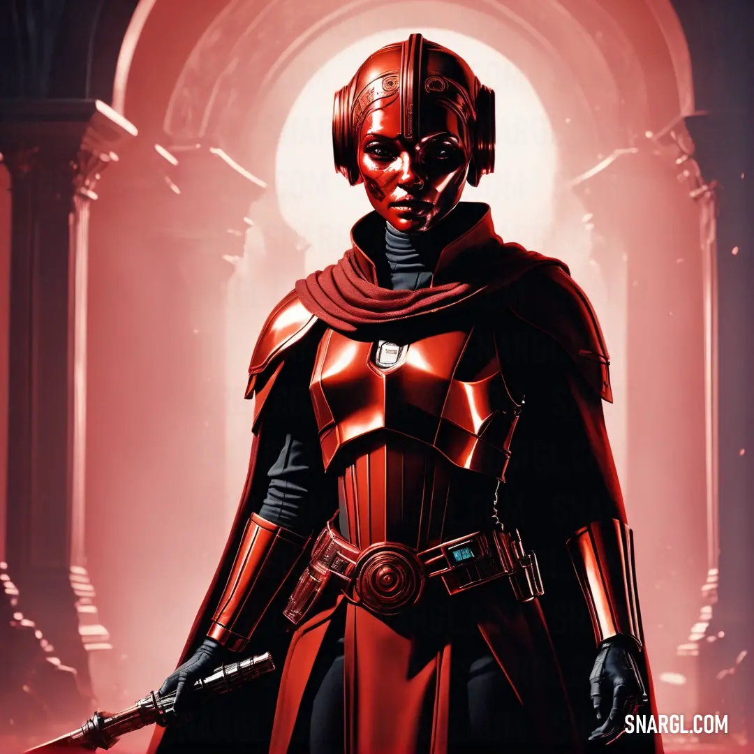 Star wars character standing in a red room with a sword in his hand and a red light behind him. Color CMYK 0,81,81,30.