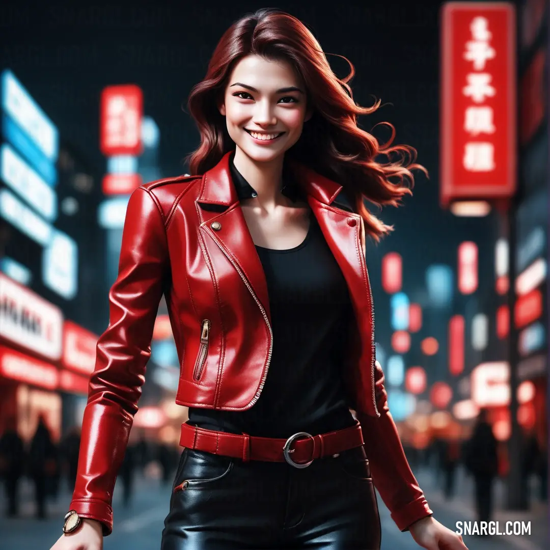 Woman in a red leather jacket is smiling at the camera while walking down a city street at night