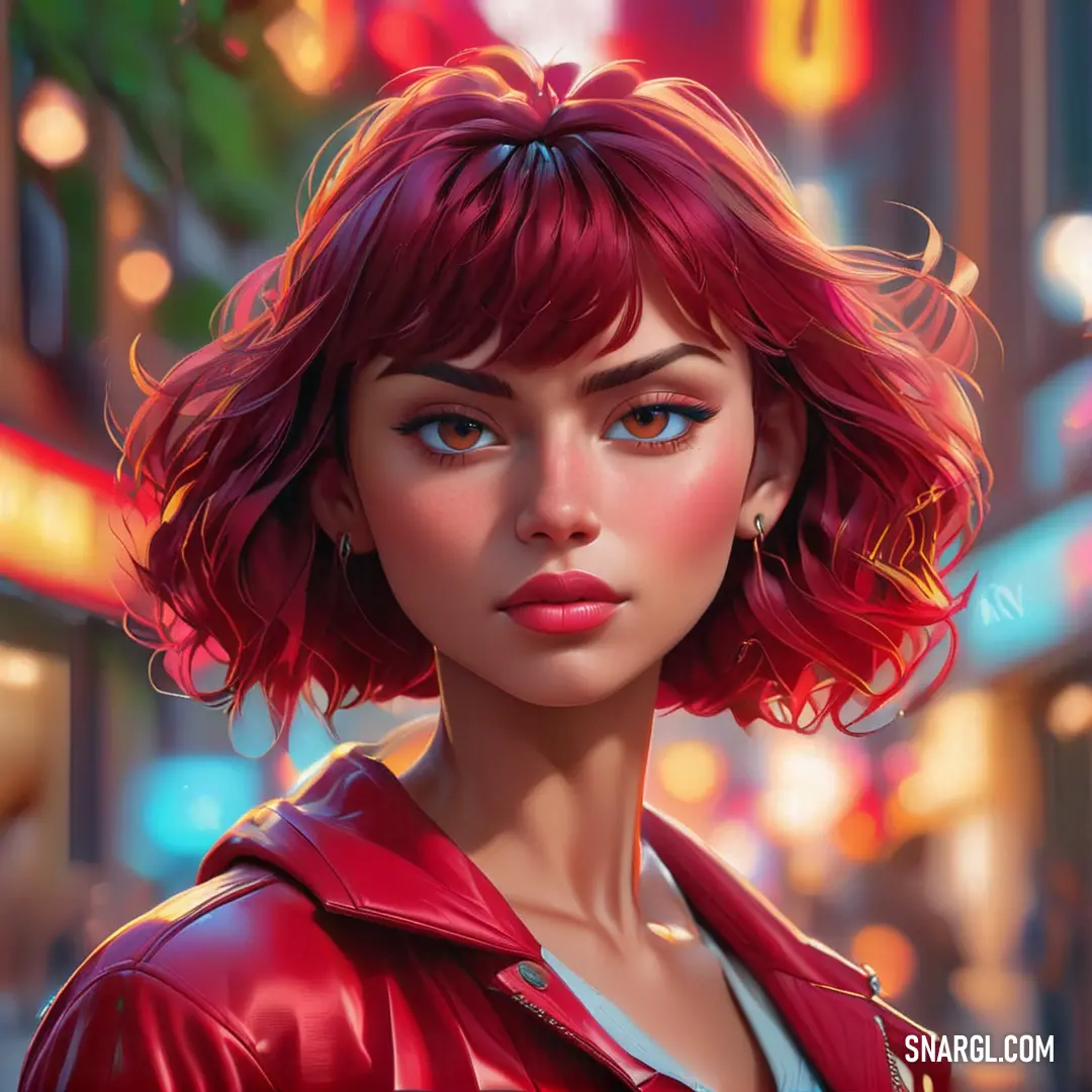 Woman with red hair and blue eyes in a red leather jacket and a city street at night with neon lights. Color CMYK 0,81,81,30.