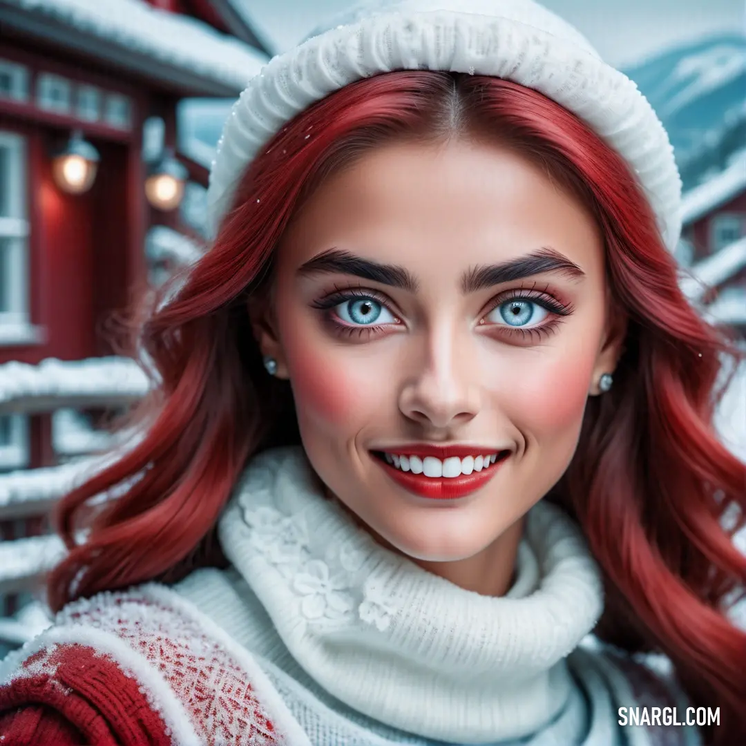 Woman with red hair and a white hat and scarf on her head is smiling at the camera with a snowy background