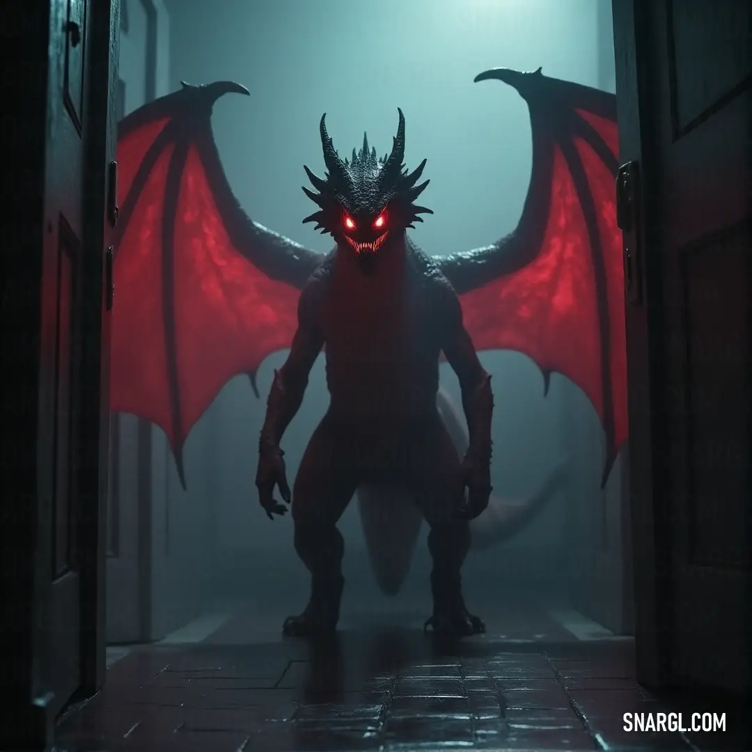 The Demonic Fire Drake, with its glowing eyes and fiery presence, looms in a dark doorway, its red light casting a chilling aura over the creature. A menacing Demonic Fire Drake with glowing red eyes stands in a shadowy doorway, its features highlighted by an eerie red light that casts an ominous glow, emphasizing its fiery nature.