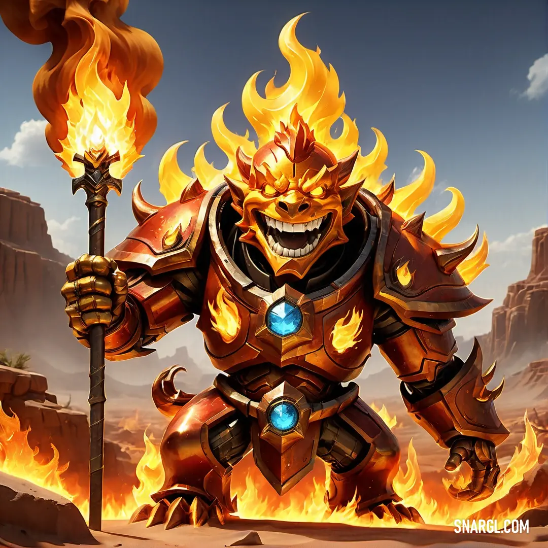 Fire elemental holding a stick and a flamed stick in his hand