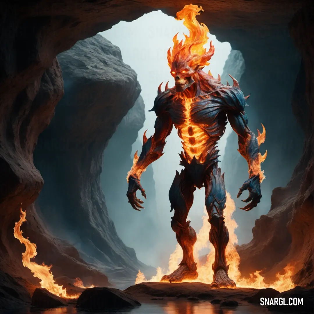 Demonic Fire elemental standing in a cave with flames in his hands