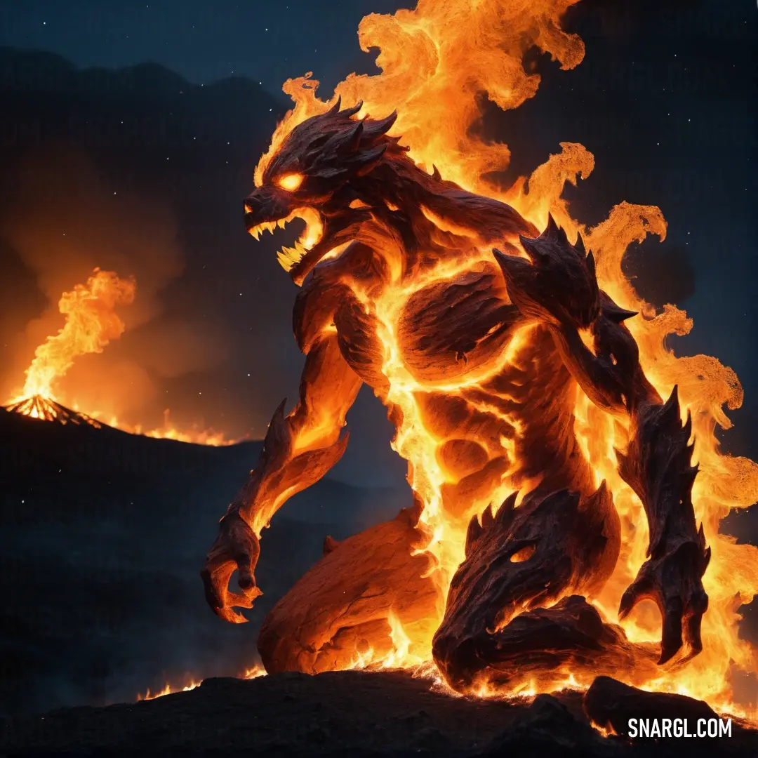 Fire elementalic Fire elemental is standing in a field of fire with flames around it and a mountain in the background