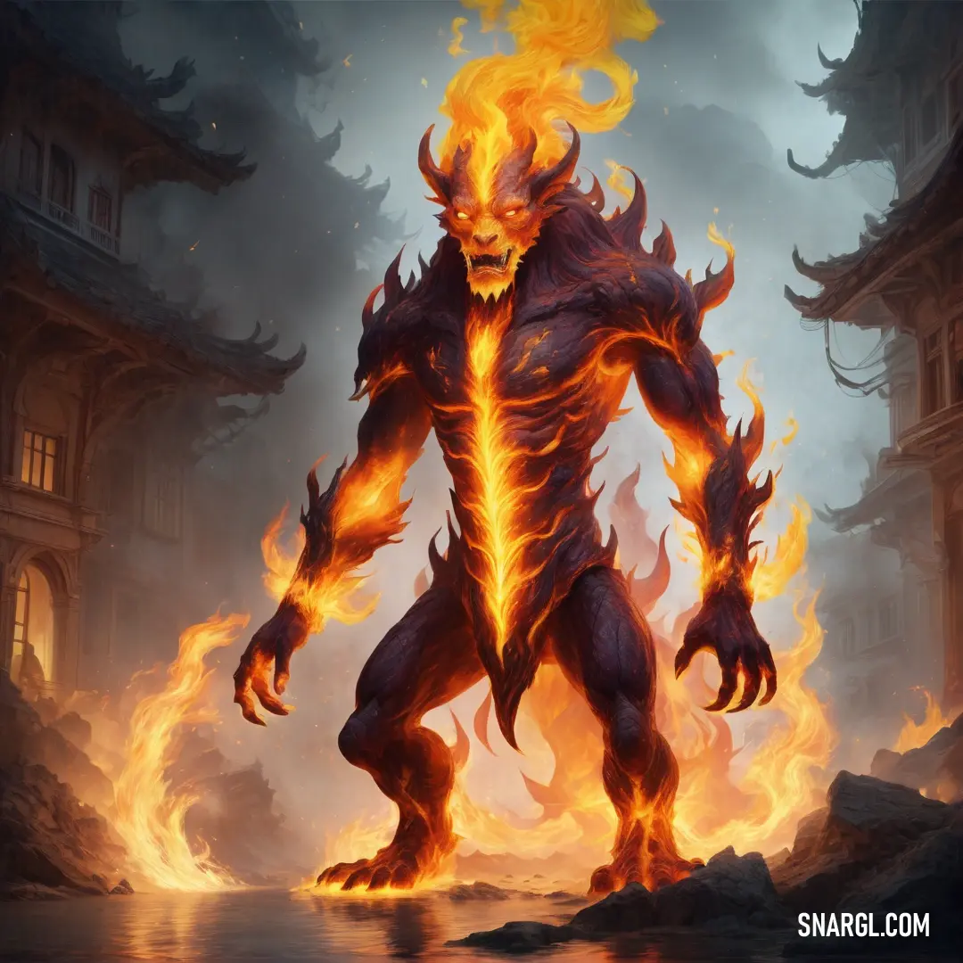 Demonic Fire elemental standing in front of a fire filled building with flames coming out of its body and eyes