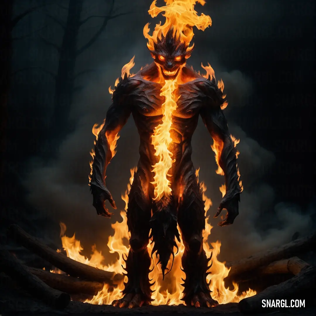 Demonic Fire elemental standing in front of a fire filled forest with flames coming out of its body and eyes