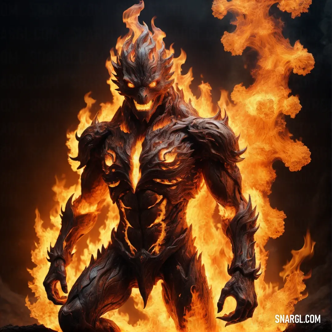Demonic Fire elemental standing in front of a blazing fire background