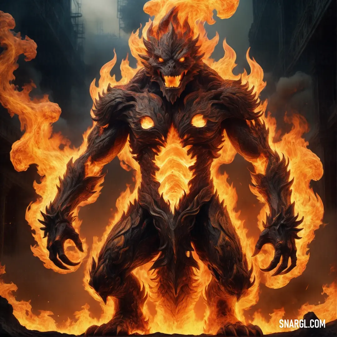 Fire elementalic Fire elemental standing in front of a fire filled city street with flames coming out of its body and eyes