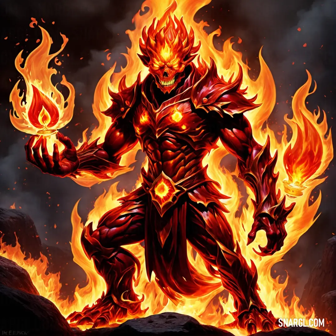 Demonic Fire elemental with flames on his body and arms, standing in front of a dark background