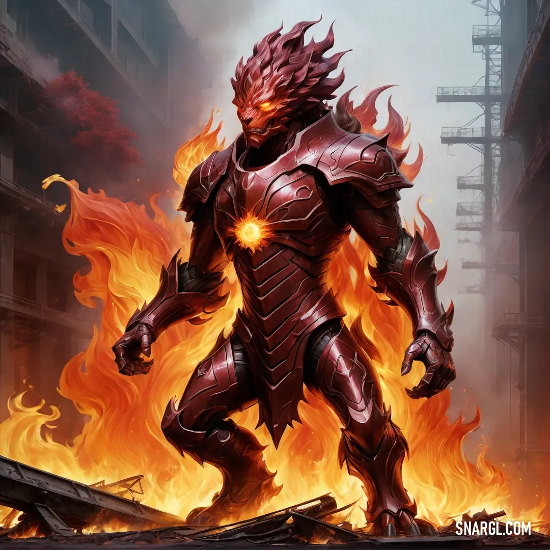 Demonic looking Fire elemental standing in a fire filled city street with flames surrounding it and a building in the background