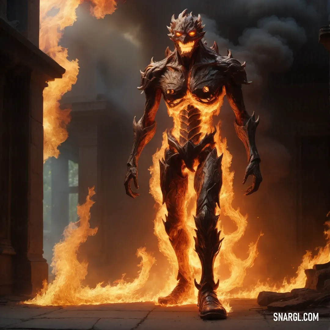 Demonic looking male Fire elemental standing in front of a fire filled building with flames coming out of it's sides