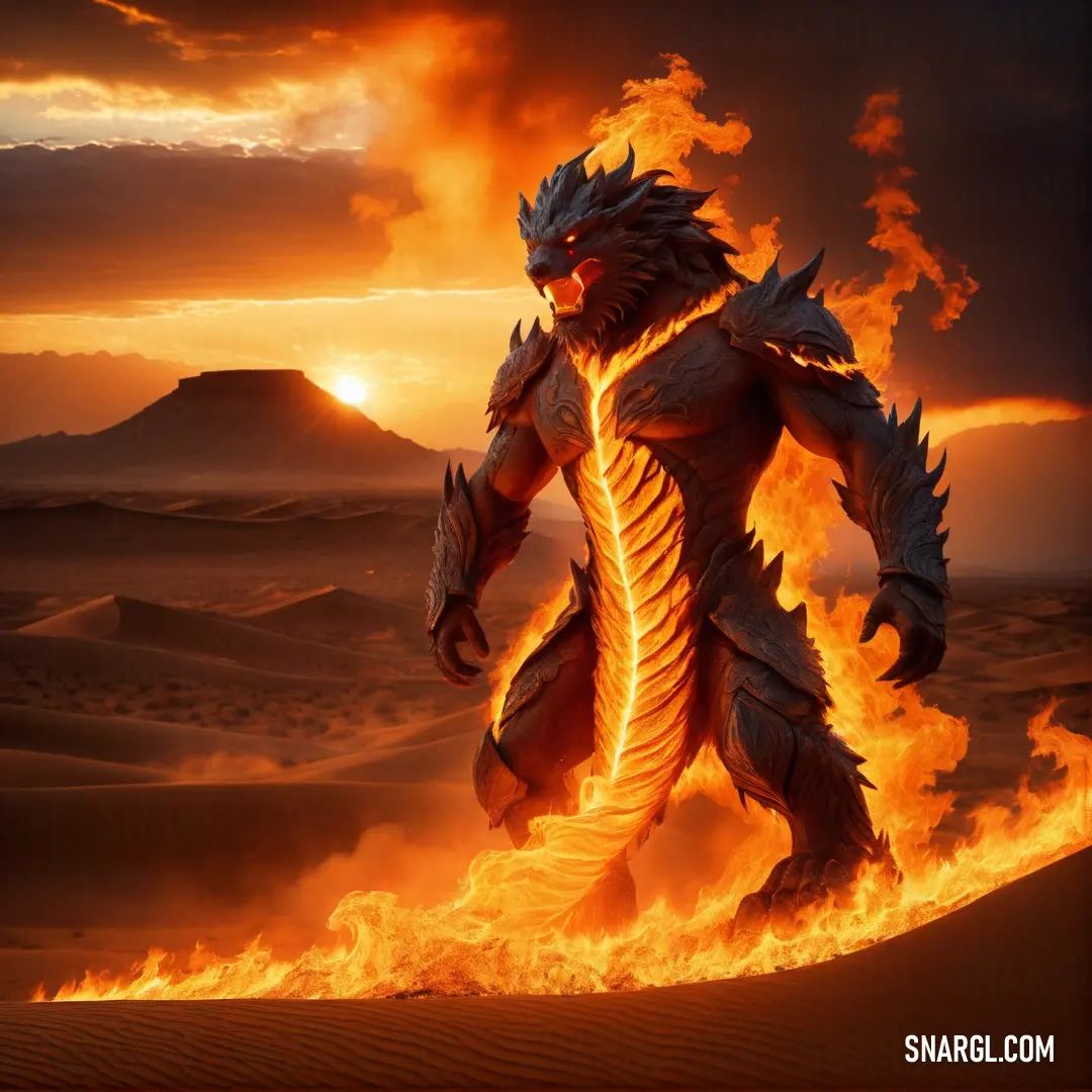 Fire breathing Fire elemental in the desert at sunset or sunrise with a mountain in the background