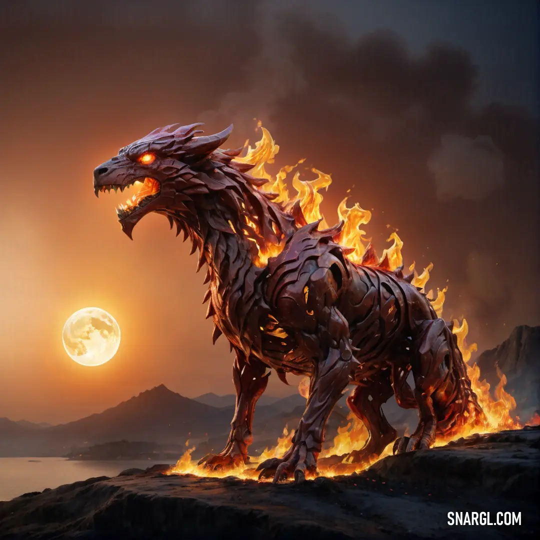 Fire breathing Fire elemental standing on a rock in front of a full moon and a mountain range with a lake
