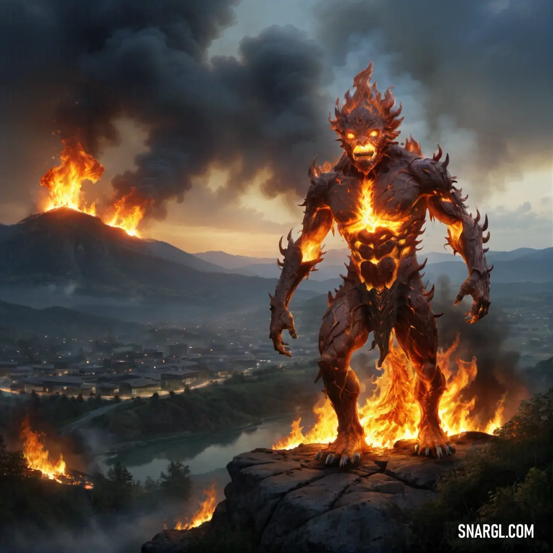 Giant fire Fire elemental standing on top of a hill with flames coming out of it's back legs