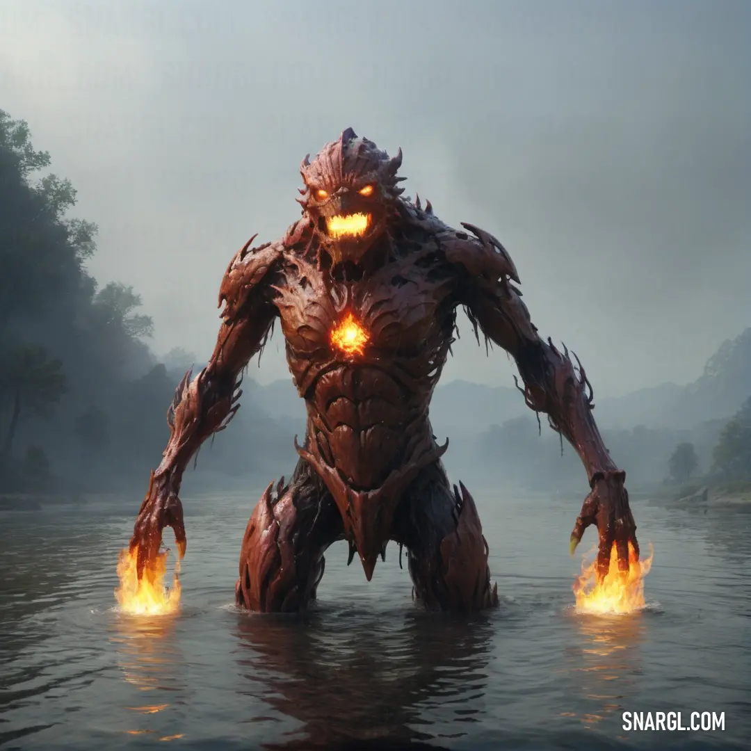 Giant Fire elemental standing in the water with glowing eyes