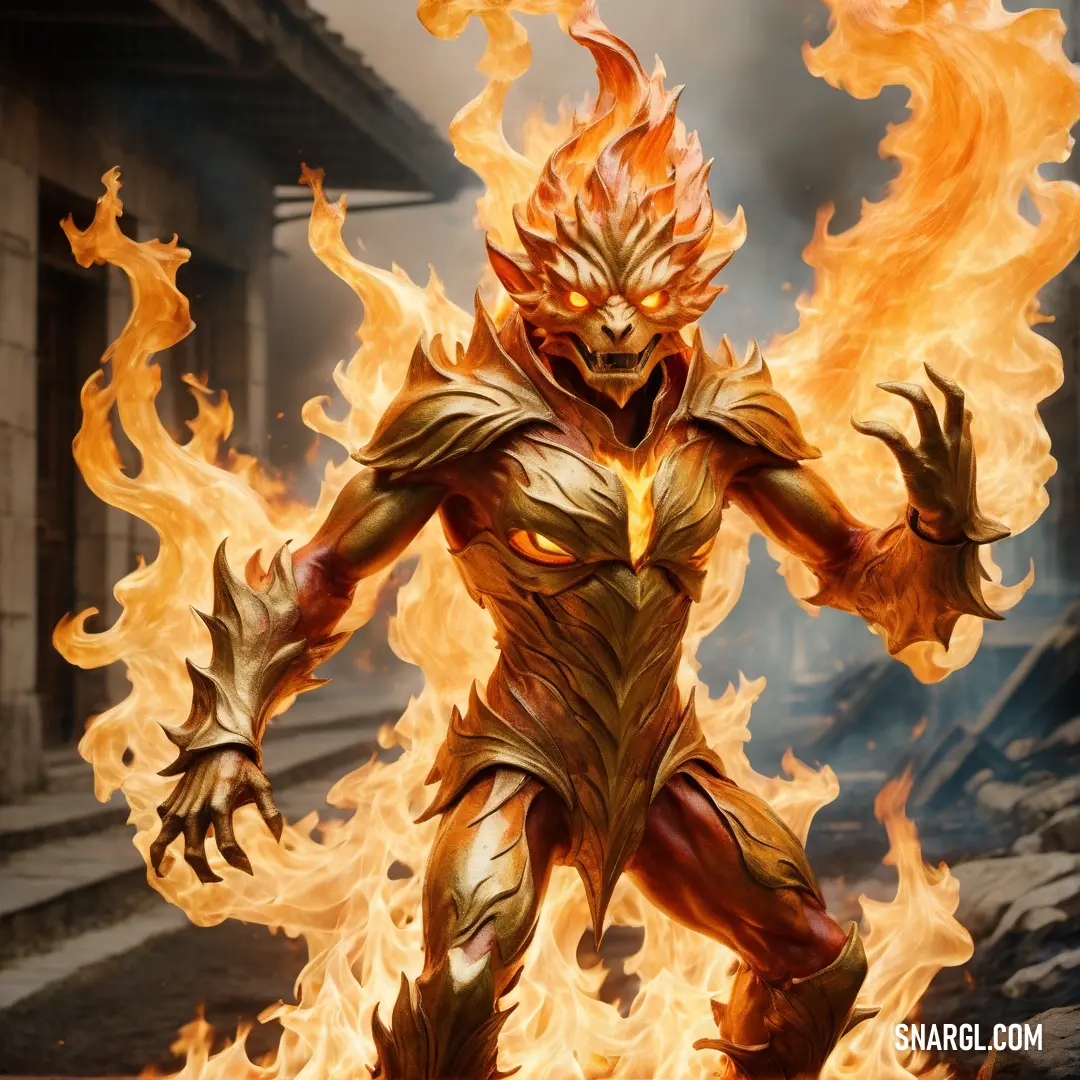 Fire elemental in a fire suit standing in front of a fire filled street with his hands out and his face glowing
