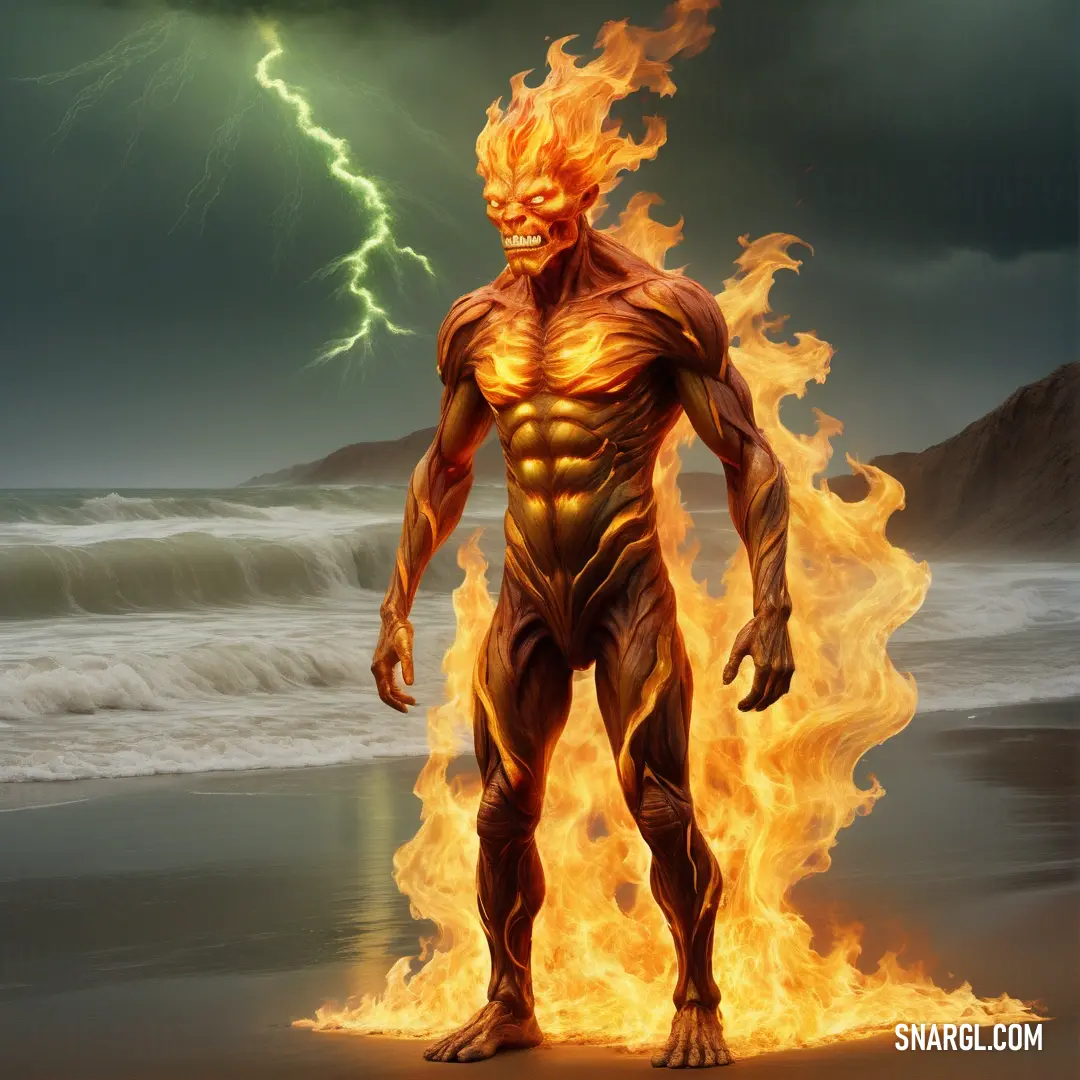 Fire elemental standing on a beach with a fireball in his hand and a lightning in the background