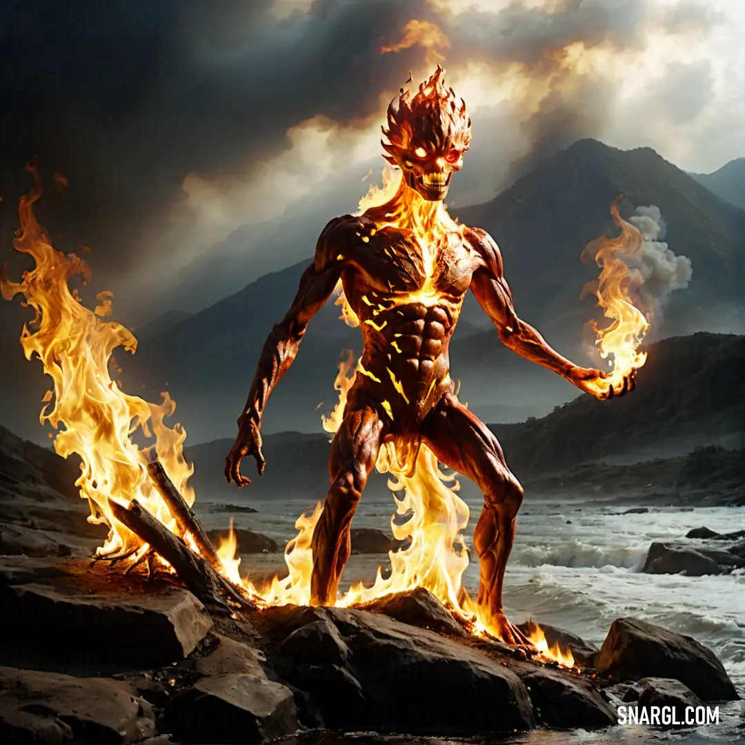 Fire elemental standing on a rock with fire in his hands