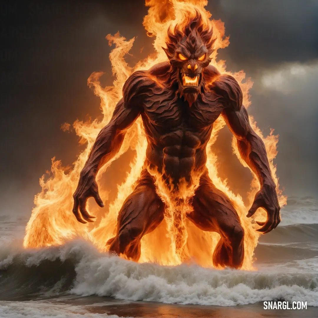 Man with a Fire elemental face and flames on his body in the water with a wave of water behind him